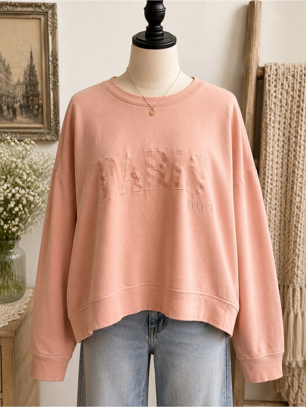 XOXO Paris Embroidered Blush Pink Pullover Sweatshirt Large Cozy Oversized